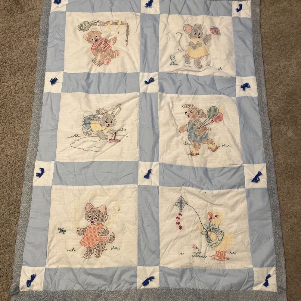 Handmade Embroidered Baby Blanket Quilt Animals Hand Quilted Stitched 38”x53”